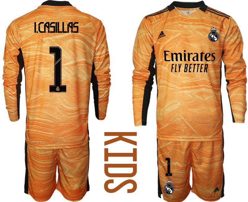 Youth 2021-2022 Club Real Madrid orange yellow goalkeeper long sleeve #1 Soccer Jersey->youth soccer jersey->Youth Jersey